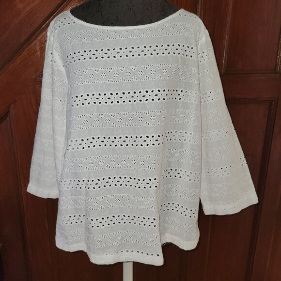 Liz Claiborne Womens XL Eyelet 3/4 Sleeve Top White 100% Cotton Round Neck - Picture 1 of 8